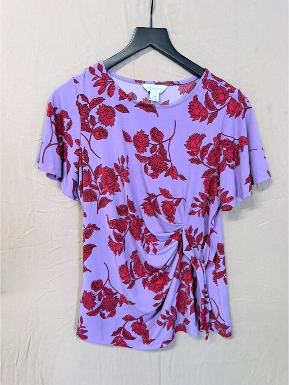 Liz Claiborne Petite Medium Purple Red Floral Ruched Top